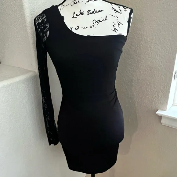 Ruby Rox bodycon one sleeve black dress short size small Ruby Rox bodycon one sleeve black dress short size small